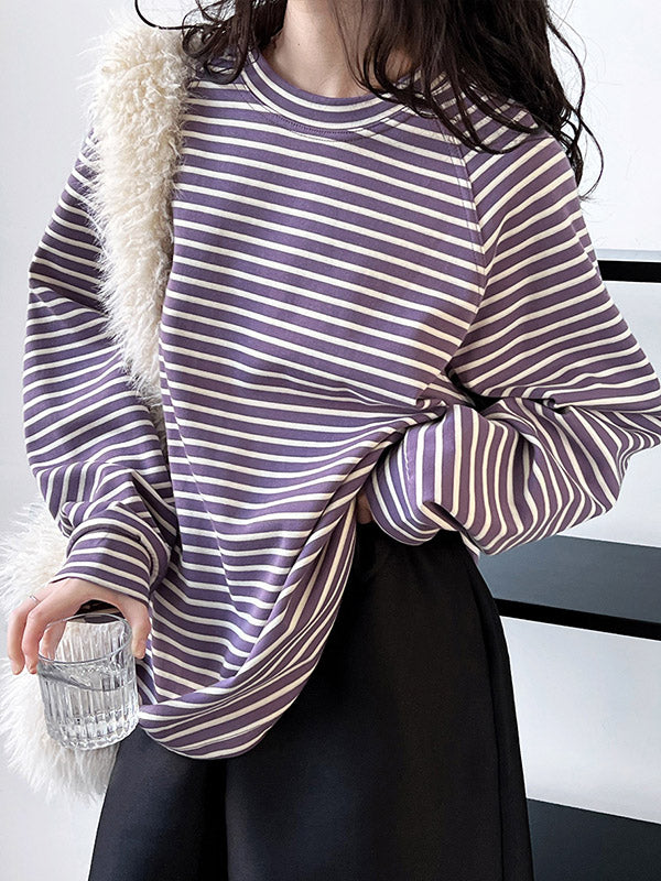 Contrast Color Striped Long Sleeves Loose Round-neck Sweatshirt Tops