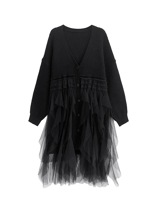 Buttoned Pleated Solid Color Split-Joint Tulle Velvet Long Sleeves Loose V-Neck Cardigan Tops