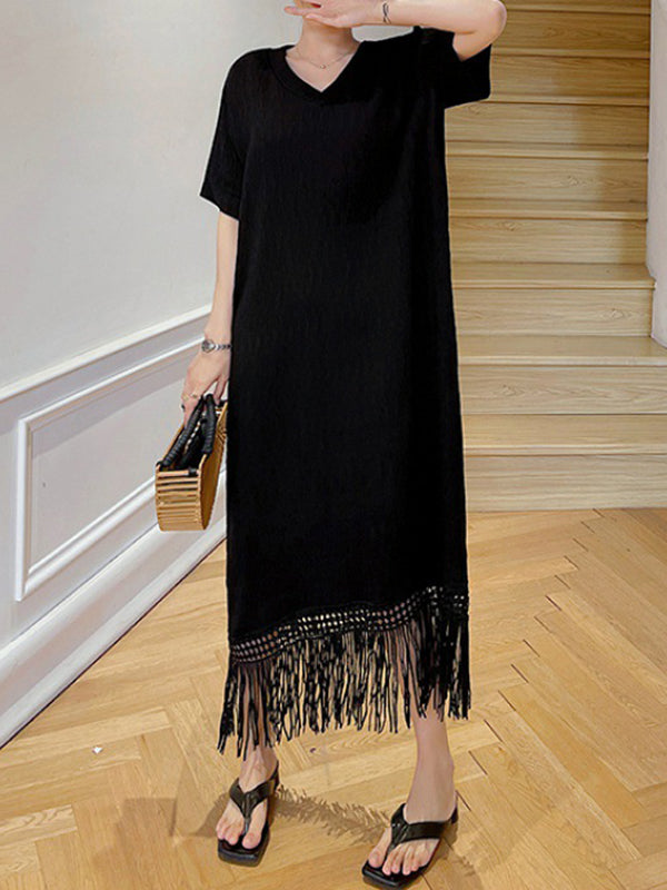 Solid Color Split-Joint Tasseled Loose Short Sleeves V-Neck Midi Dresses