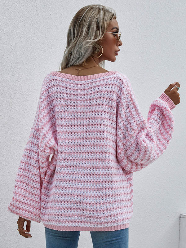 Original Loose Striped 8 Colors V-Neck Long Sleeves Sweater Top