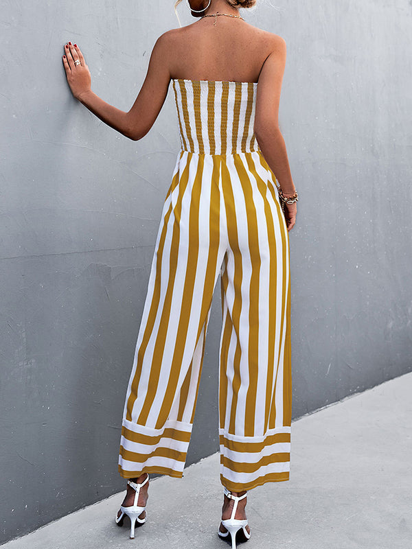 Contrast Color Elasticity Striped Loose Sleeveless Tube Jumpsuits