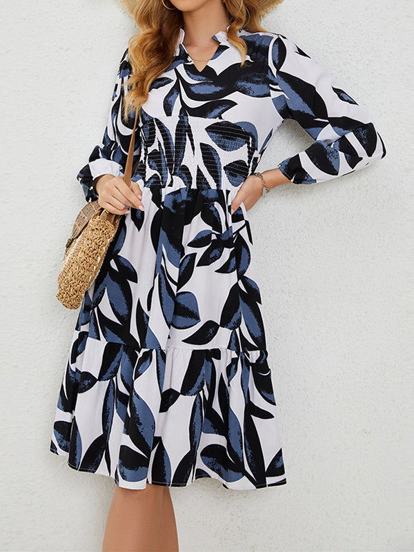 Elasticity Flower Print Ruffled Split-Joint A-Line High Waisted V-Neck Midi Dresses