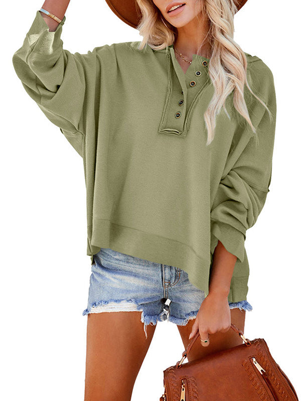 Buttoned Split-Joint Velvet Hooded Long Sleeves Sweatshirt Tops