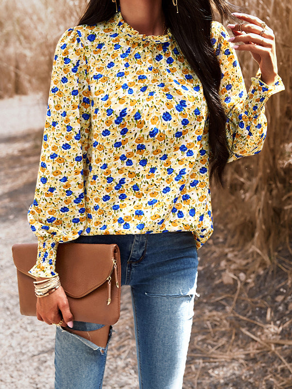 Elasticity Flower Print Ruffled Long Sleeves Loose Mock Neck Blouses&Shirts Tops