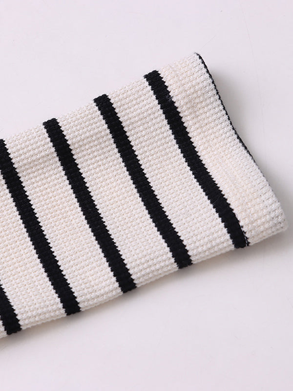 Contrast Color Striped Long Sleeves Skinny Round-Neck T-Shirts Tops