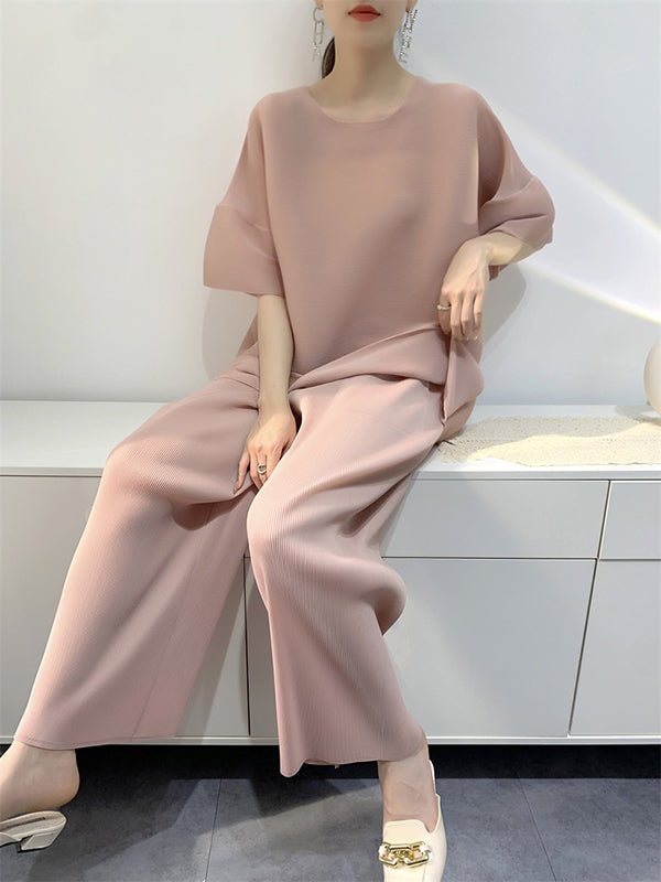 Elastics Pleated Solid Color Short Sleeves Wide Leg Round-neck Two Pieces Set