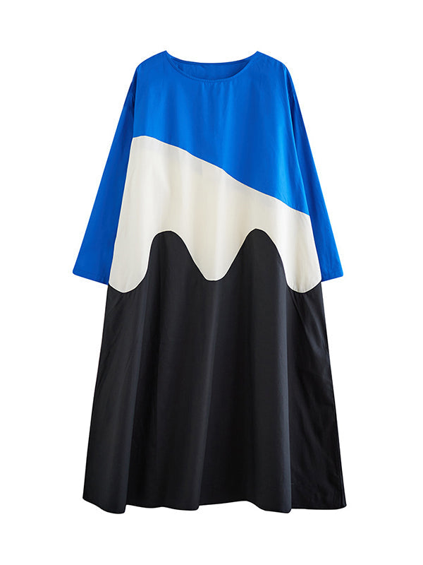 Asymmetric Contrast Color Split-Joint A-Line Long Sleeves Round-Neck Midi Dresses