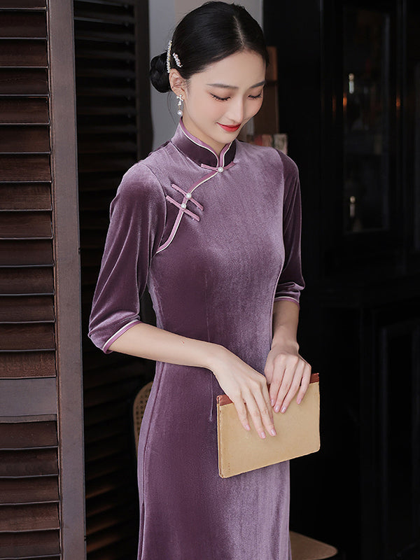 Vintage Beaded False Two Half Sleeves Long Cheongsams