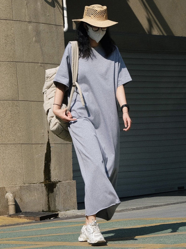 Casual Short Sleeves Solid Color Round-Neck Maxi Dress