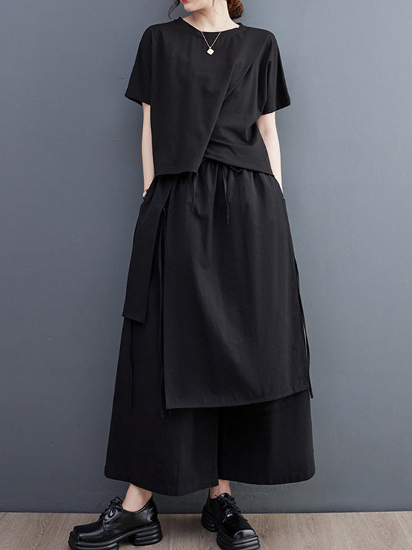 Solid Color Split-Joint Ninth Pants Wide Leg Casual Pants Bottoms