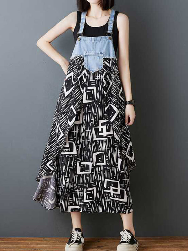 Flower Print Pockets Split-Joint Loose Plus Size Spaghetti-Neck Suspender Dress Maxi Dresses