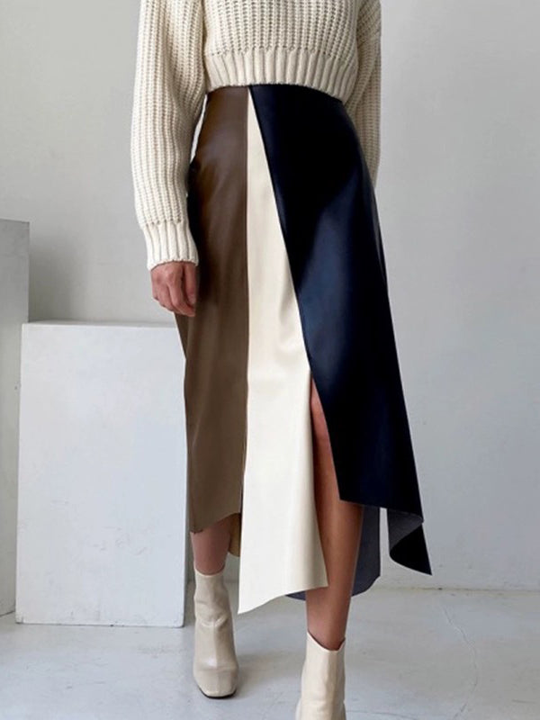 Asymmetric Contrast Color Split-Front A-Line High Waisted Skirts Bottoms