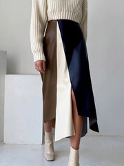 Asymmetric Contrast Color Split-Front A-Line High Waisted Skirts Bottoms
