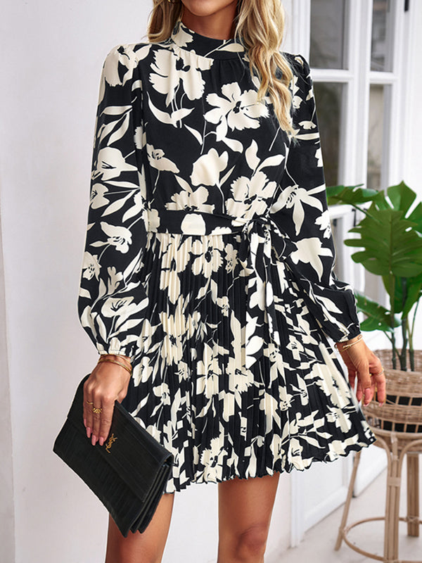 Flower Print Pleated Tied Waist High Waisted Long Sleeves Mock Neck Mini Dresses