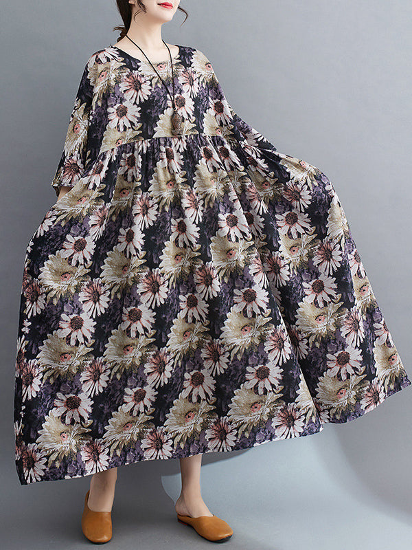 Floral Printed Pleated Split-Joint Loose Raglan Sleeve Round-Neck Midi Dresses