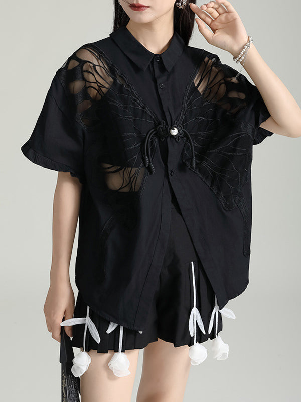 Buttoned Mesh Reversible See-Through Split-back Split-Joint Half Sleeves Loose Lapel Blouses&shirts Tops