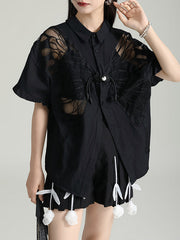 Buttoned Mesh Reversible See-Through Split-back Split-Joint Half Sleeves Loose Lapel Blouses&shirts Tops