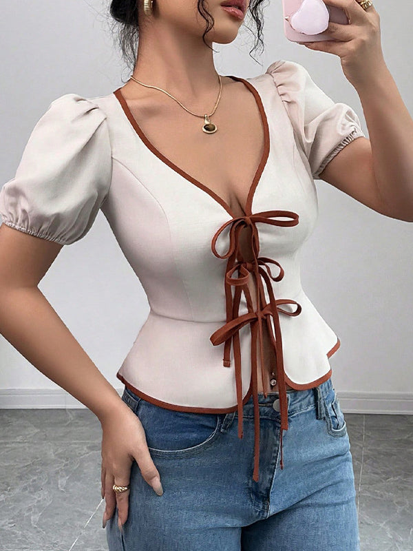 Elasticity Pleated Tied Loose Puff Sleeves V-Neck Blouses&Shirts Tops