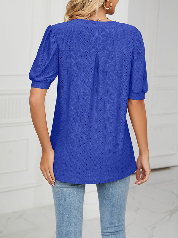 Hollow Solid Color Bishop Sleeve Loose V-neck T-Shirts Tops