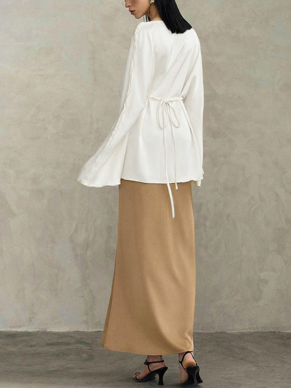 Solid Color Split-Joint Tied Flared Sleeves Long Sleeves Round-neck T-Shirts Tops