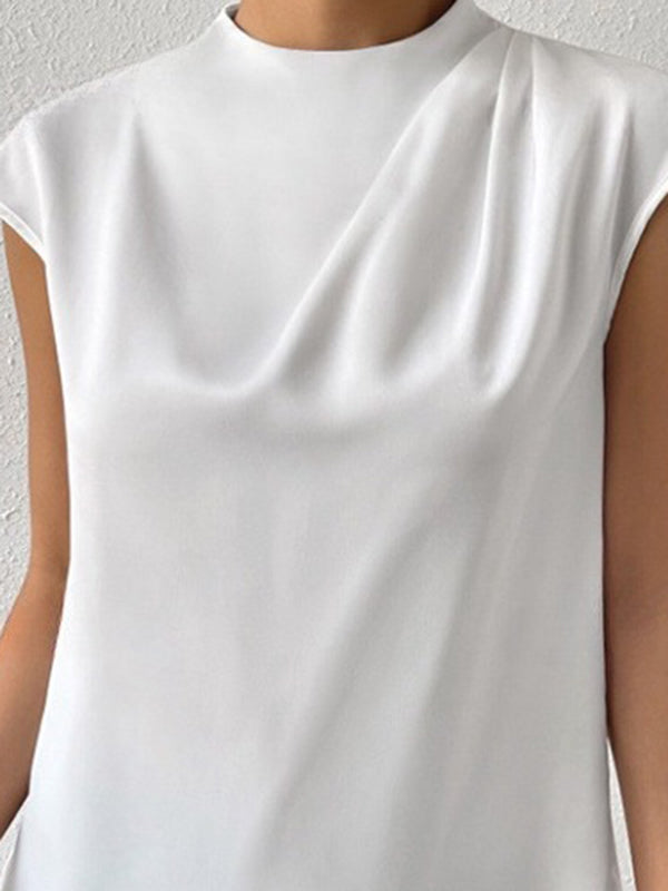 Hollow Pleated Solid Color Loose Sleeveless Mock Neck T-Shirts Tops