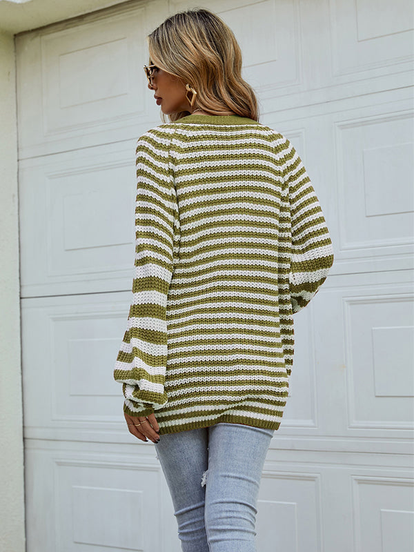 Casual Loose Long Sleeves Striped V-Neck Cardigan Tops