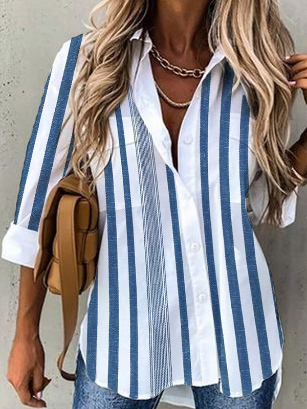 Long Sleeves Loose Contrast Color Striped Lapel Blouses