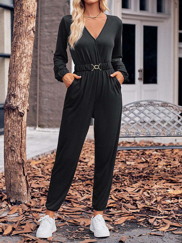 Belted Elasticity Long Sleeves V-neck Jumpsuits