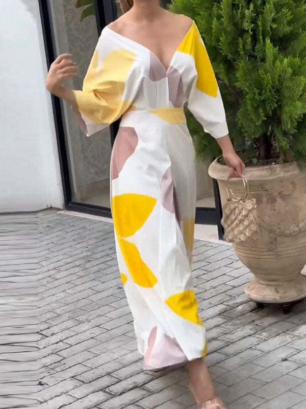 High-Waisted Printed Loose Raglan Sleeve Deep V-Neck Maxi Dresses