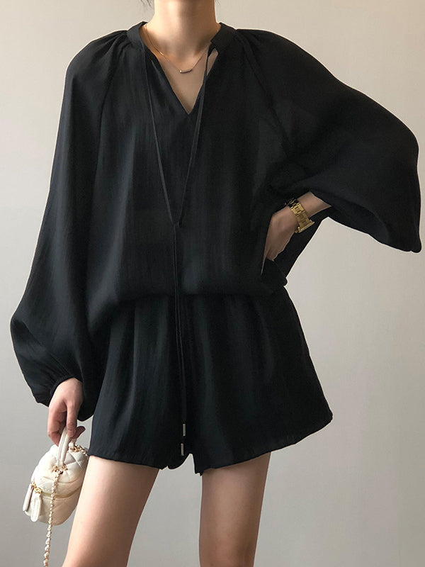 Split-Joint Solid Color  Sun Protection Tied V-neck Long Sleeves Top + Shorts Two Pieces Set