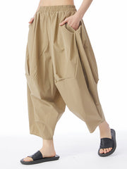 Elasticity Pleated Solid Color Split-Joint Harem Pants Loose Pants Cropped Trousers