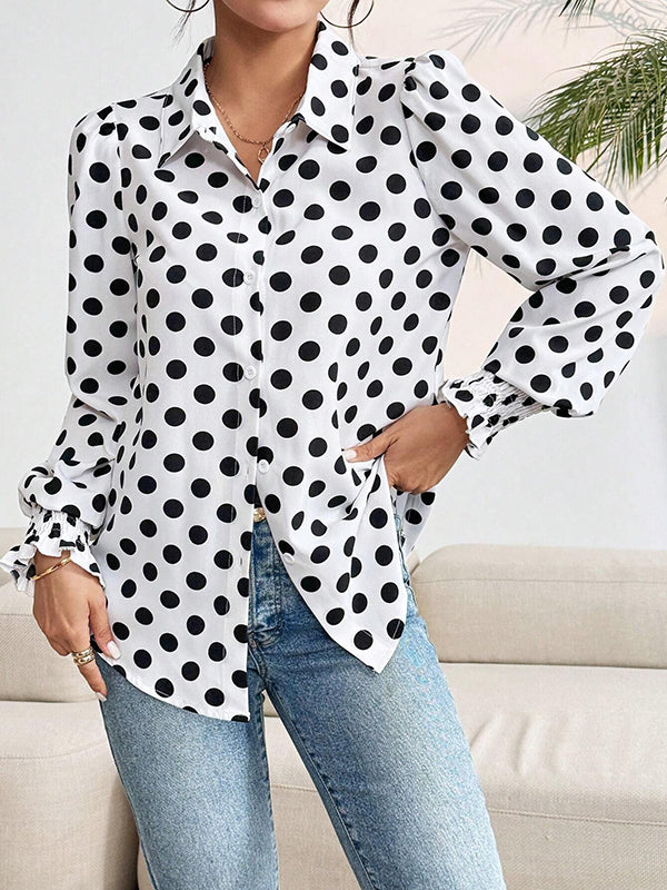 Buttoned Elasticity Polka-Dot Split-Joint Long Sleeves Loose Lapel Blouses&Shirts Tops