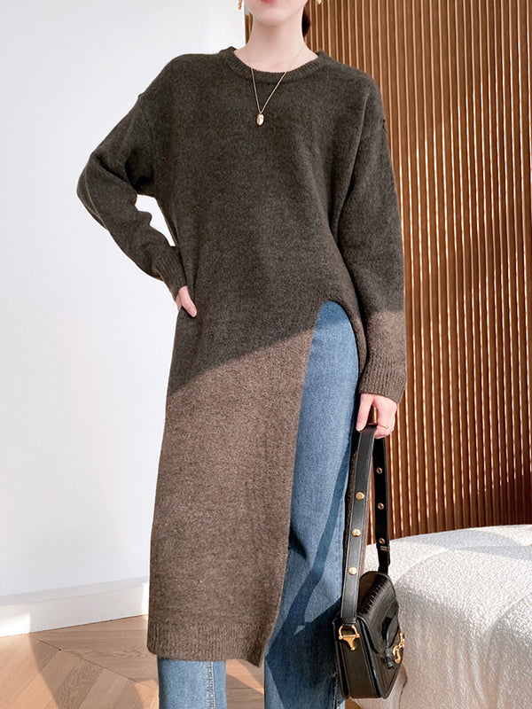 Loose Split-Side Solid Color Round-Neck Knitting Sweater Dresses
