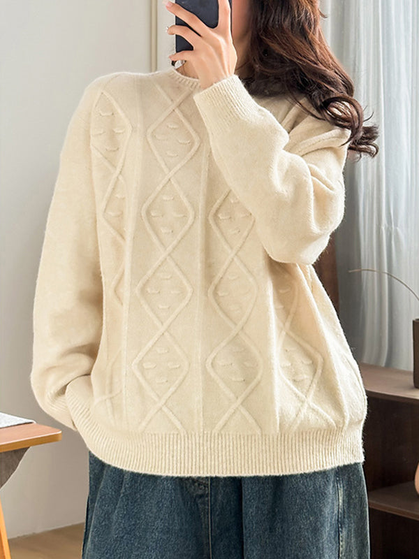 Simple Loose Long Sleeves Jacquard Solid Color Round-Neck Sweater Tops
