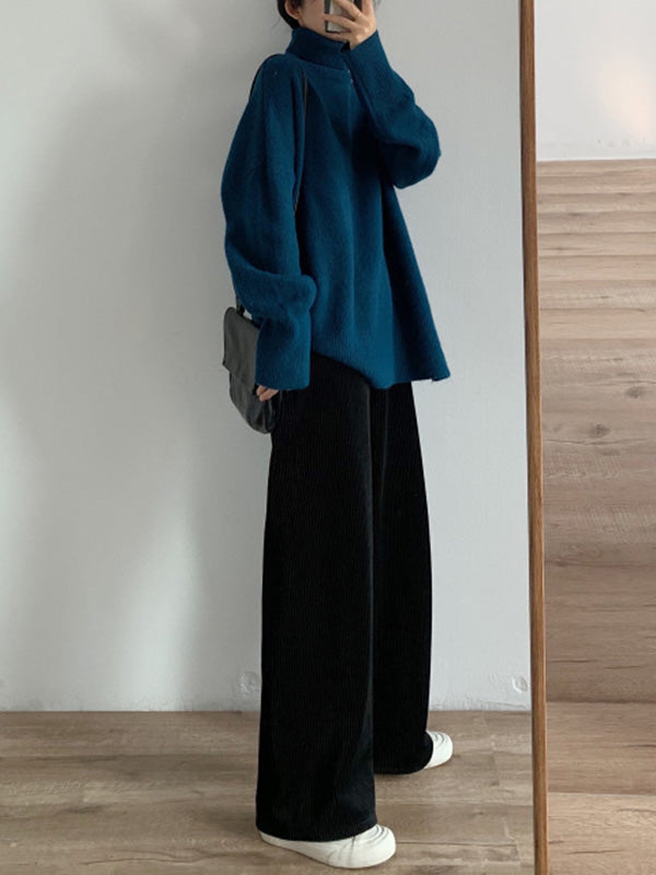 Solid Color Split-Side Long Sleeves Loose High-Neck Sweater Tops Pullovers Knitwear