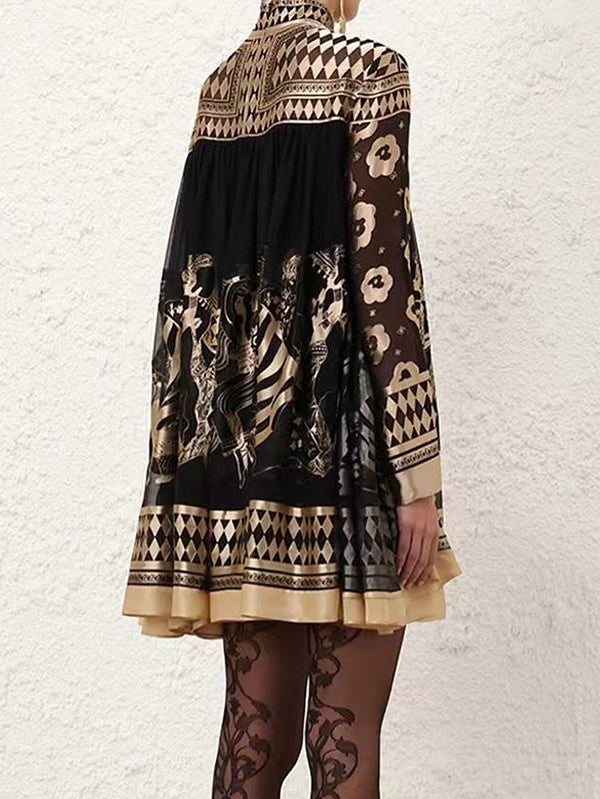 Bronzing Printed Split-Joint A-line Long Sleeves Mock Neck Mini Dresses