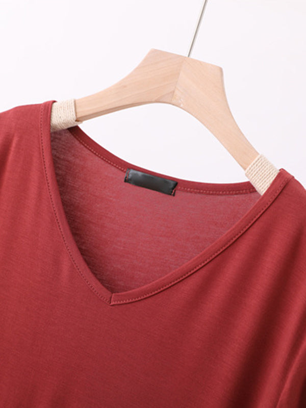 Simple Casual Solid Color V-Neck Short Sleeves T-Shirt Top