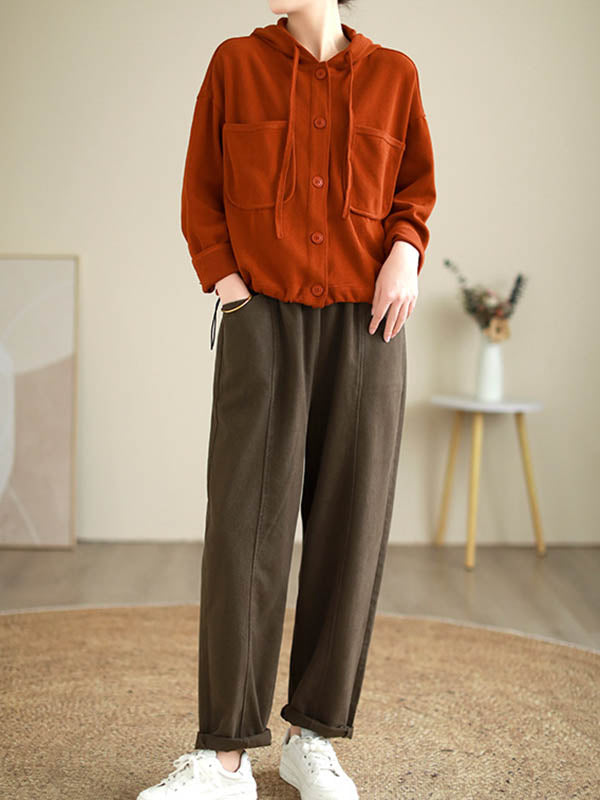 Buttoned Drawstring Pockets Solid Color Hooded Long Sleeves Outerwear