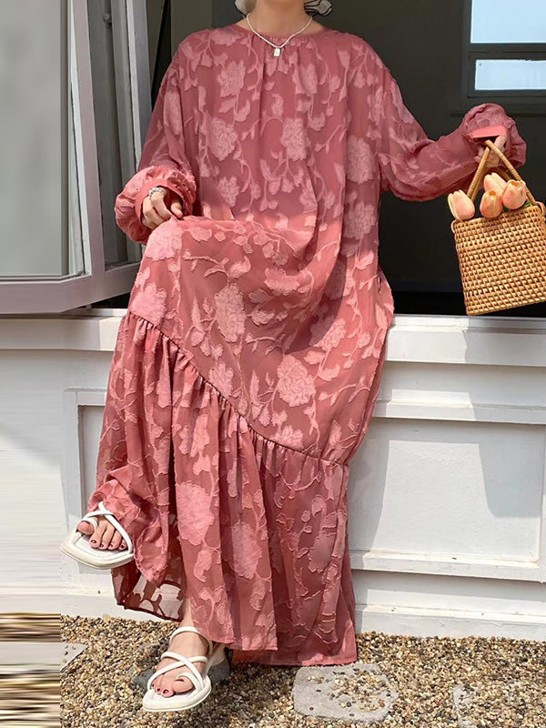 Flower Print Pleated Solid Color Split-Joint Tied Waist Long Sleeves Loose Round-Neck Maxi Dresses