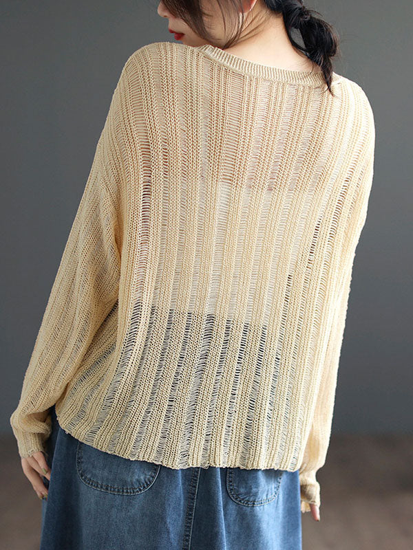 Hollow Solid Color Long Sleeves Loose V-Neck Pullovers