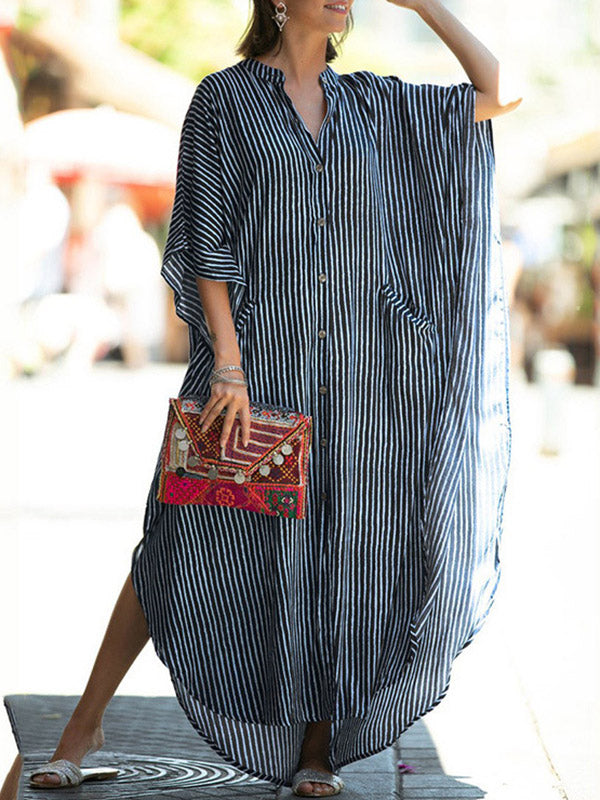 Buttoned Pockets Striped Batwing Sleeves Half Sleeves Round-Neck Maxi Dresses Beach Cover-Up