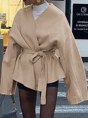 Solid Color Tied Waist Long Sleeves Loose V-Neck Outerwear