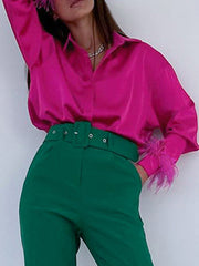Loose Wrap Feathers Solid Color Split-Joint Lapel Collar Blouses&Shirts Tops