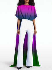 Contrast Color Gradient Half Sleeves High-low Round-neck T-Shirts Tops