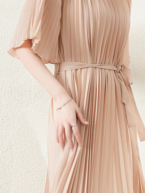 Loose Pleated With Waistband Solid Color Round-Neck Maxi Dresses