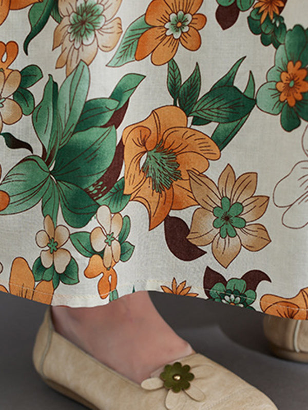 Floral Printed Pleated Split-Joint Loose Short Sleeves Round-Neck Midi Dresses