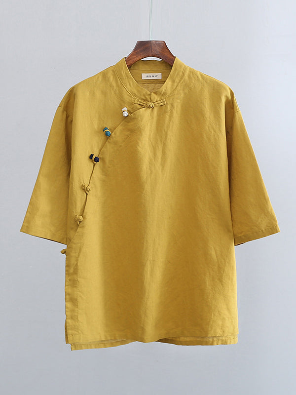 Artistic Retro Loose Half Sleeves Buttoned Contrast Color Stand Collar Blouses&Shirts Tops