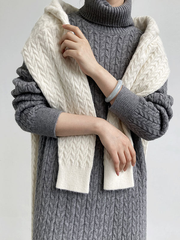 Stylish Loose Long Sleeves Solid Color High-Neck Twist Sweater Dresses