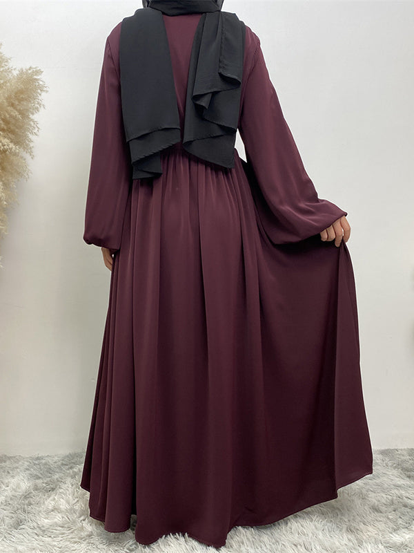 Drawstring Elasticity Muslim Pleated Solid Color Zipper Long Sleeves Loose Round-Neck Maxi Dresses