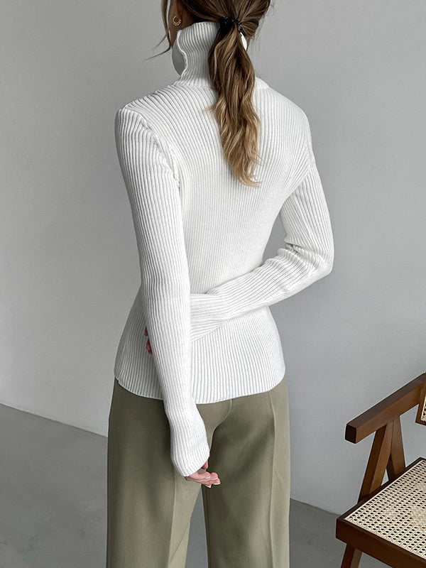 Long Sleeves Skinny Solid Color High Neck Pullovers Sweater Sweater Tops